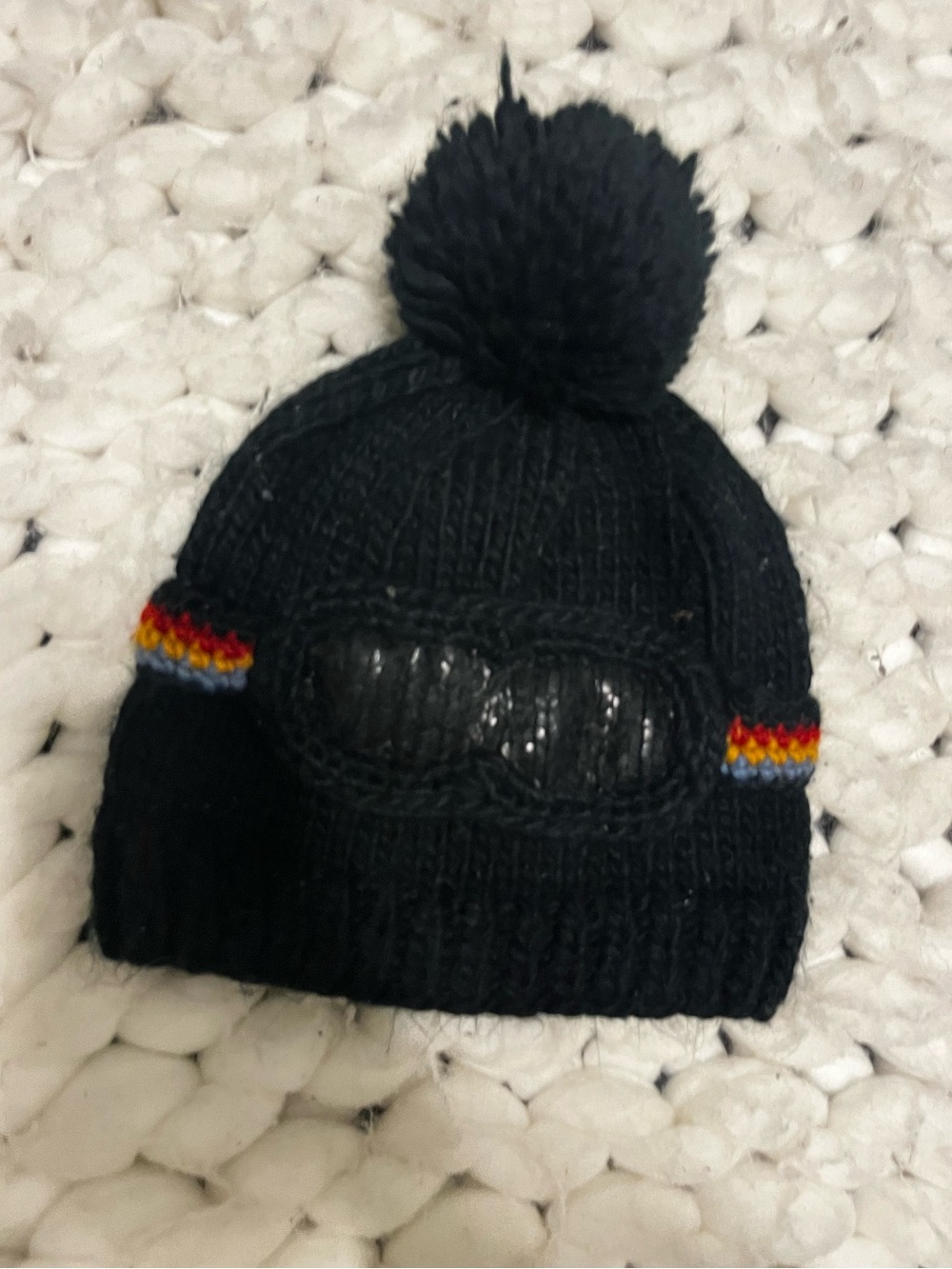 Kids Black Pom-Pom Knit Beanie with Rainbow Accent